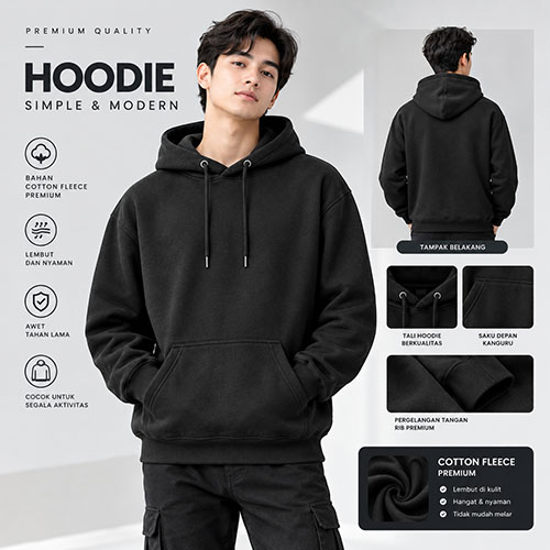 Hoodie Polos No Ziper Pria Wanita Warna hitam