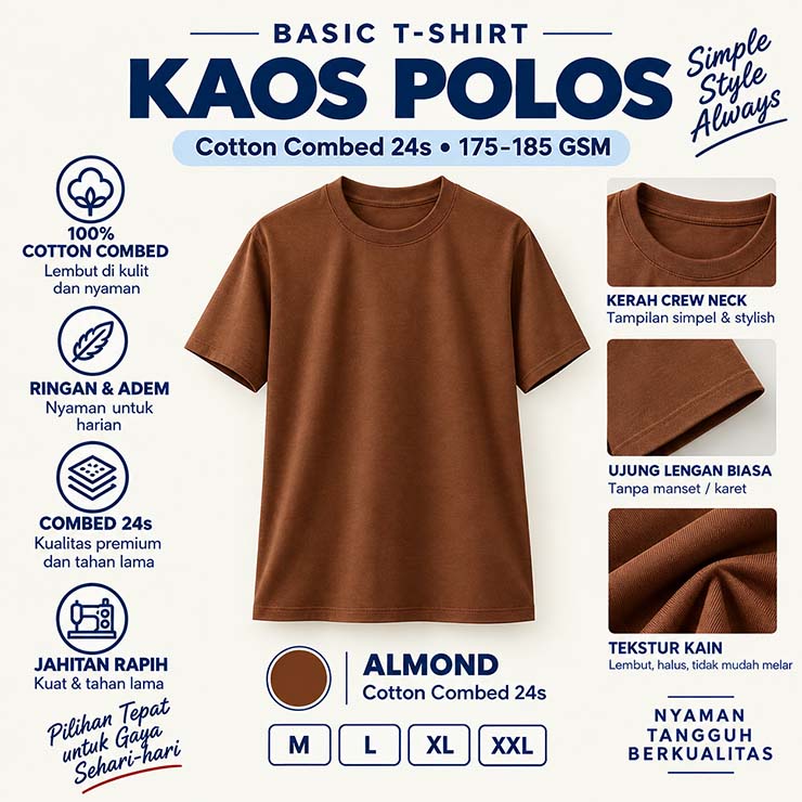 Kaos Polos Cotton Combed 24s Warna Almond