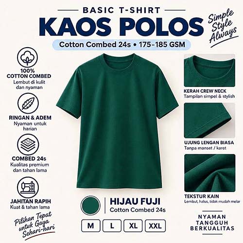 Kaos Polos Cotton Combed 24s warna hijau Fuji