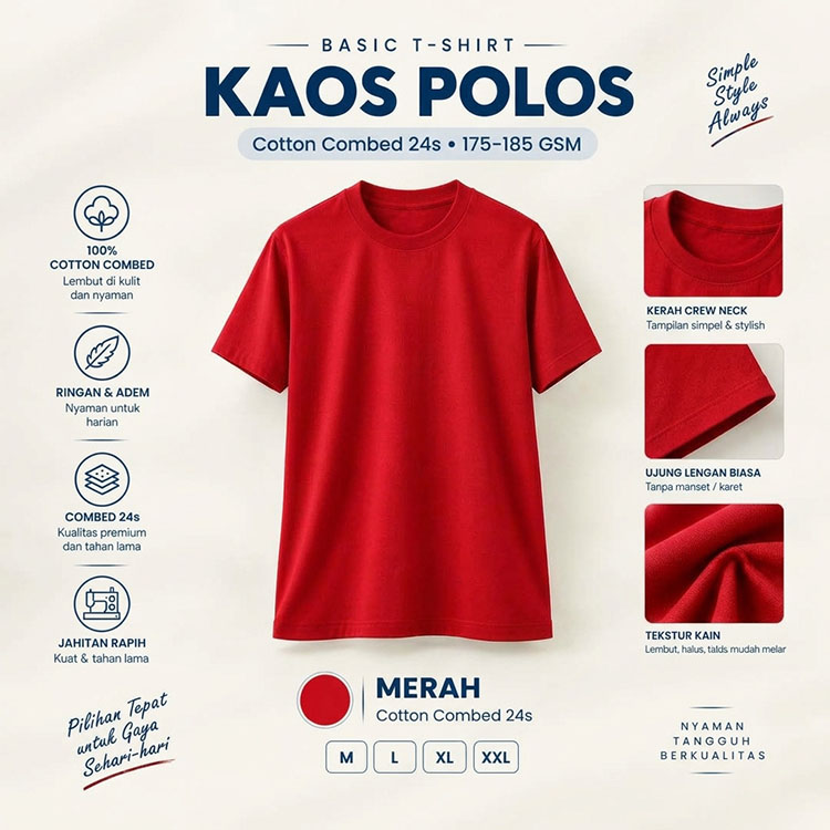 Kaos Polos Merah Cotton Combed 24s 175–185 GSM | Kaos Basic Pria Wanita Unisex
