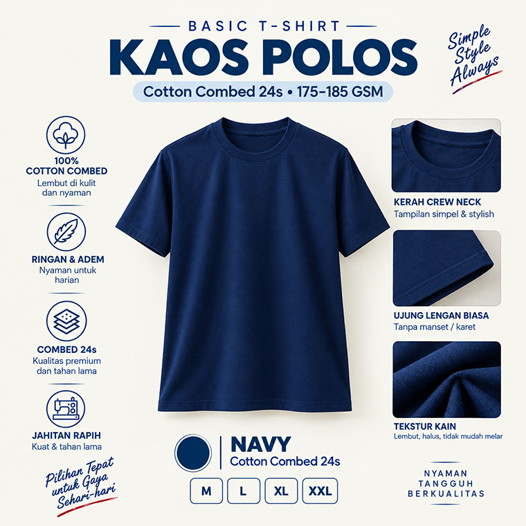 Kaos Polos Cotton Combed 24s Warna navy