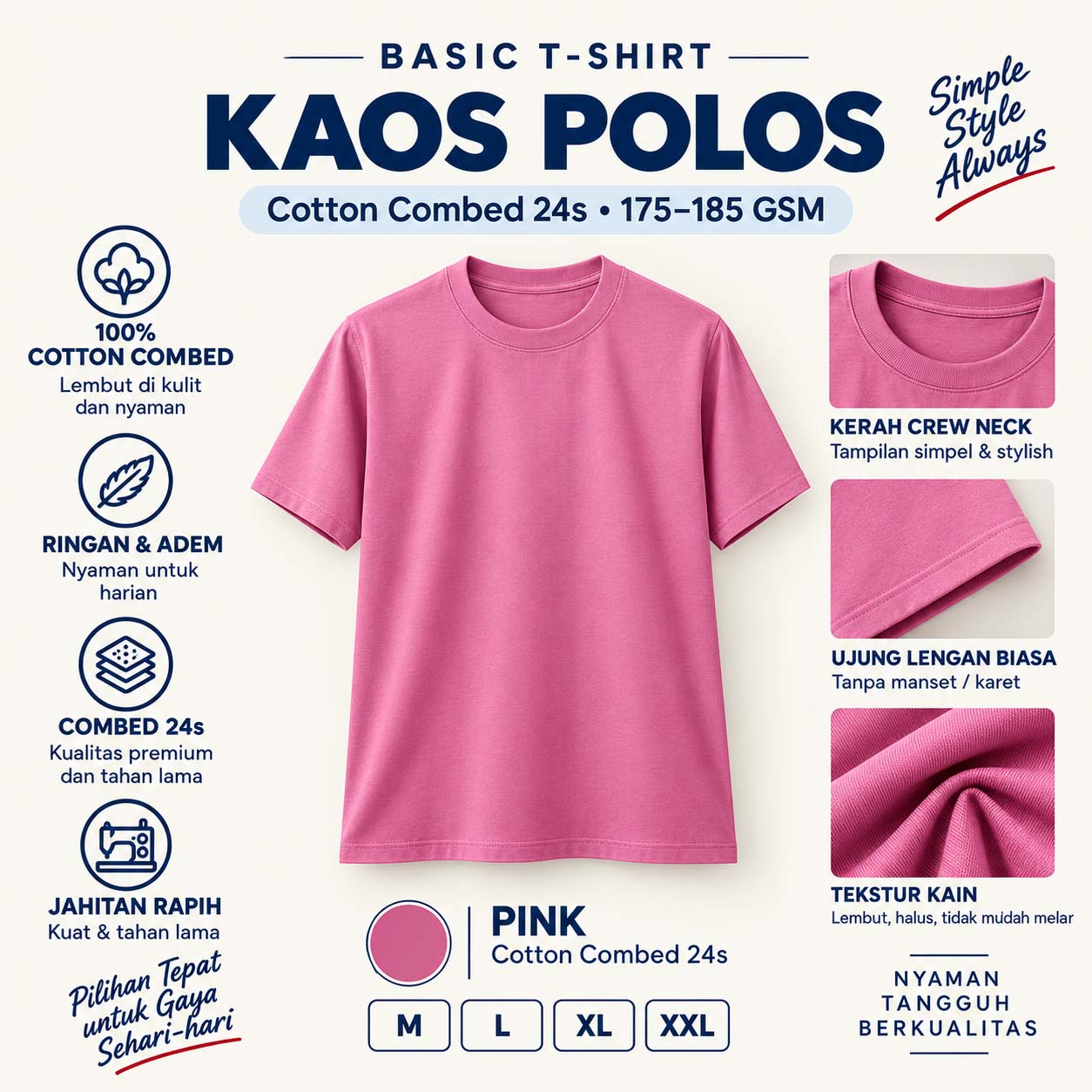 Kaos Polos Cotton Combed 24s – Warna Pink
