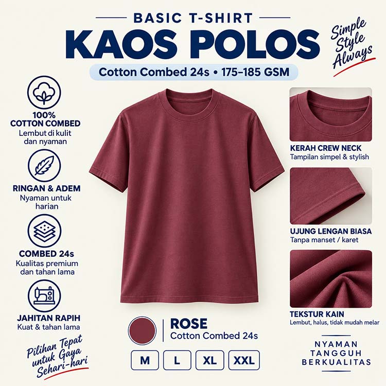 Kaos Polos Cotton Combed 24s Warna Rose